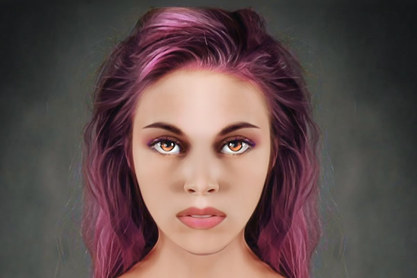 Na sliki je dekle z vijoličnimi lasmi.